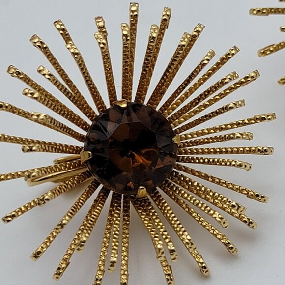 Sarah Coventry Gold Tone Amber Crystal Starburst Brooch And Clip On Earrings Set - Picture 6 of 9